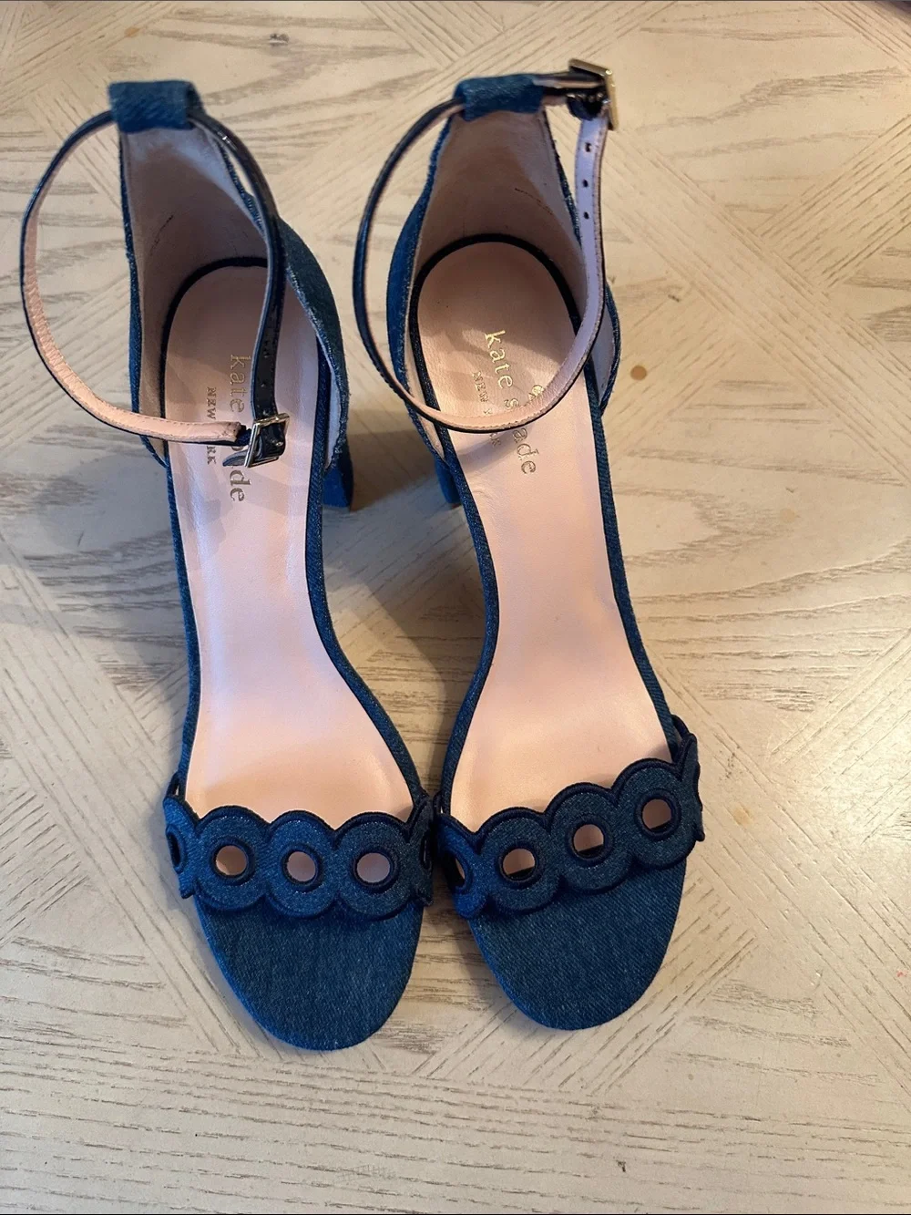 kate spade denim scalloped ankle-strap block heels
